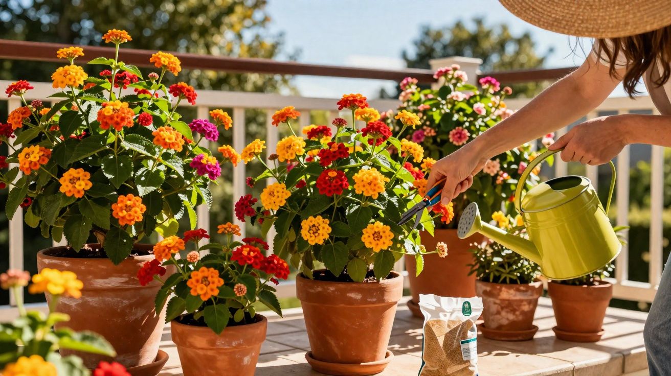 Pessoa regando e podando flores coloridas em vasos de barro em varanda ensolarada.