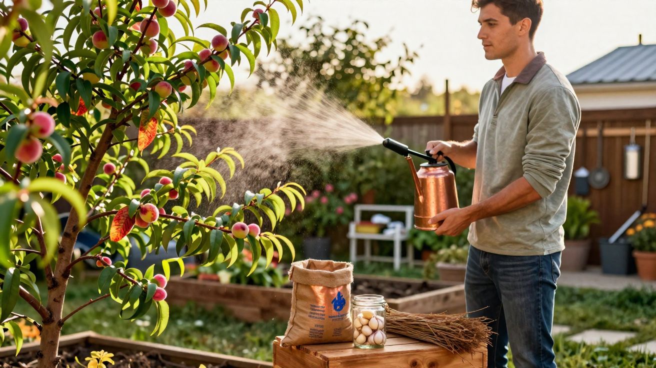 Homem pulverizando árvore frutífera em jardim com mochila de adubo e ovos sobre mesa de madeira.