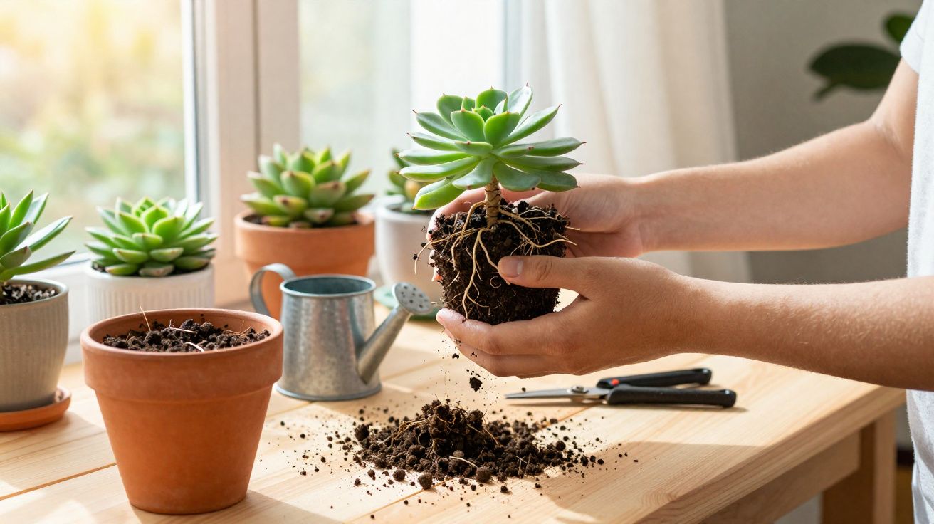 Pessoa transplantando suculenta com várias plantas em vasos e regador sobre mesa de madeira.