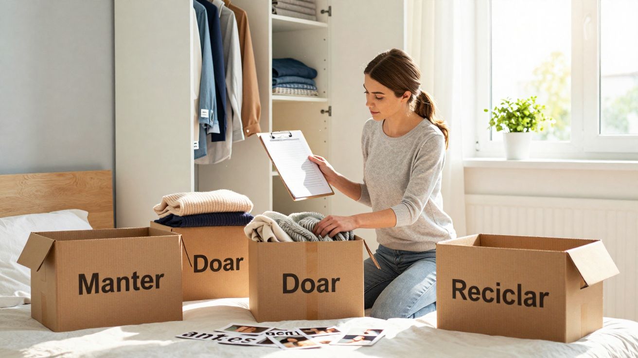 Mulher organizando roupas em caixas etiquetadas para doar, reciclar e manter em quarto iluminado.