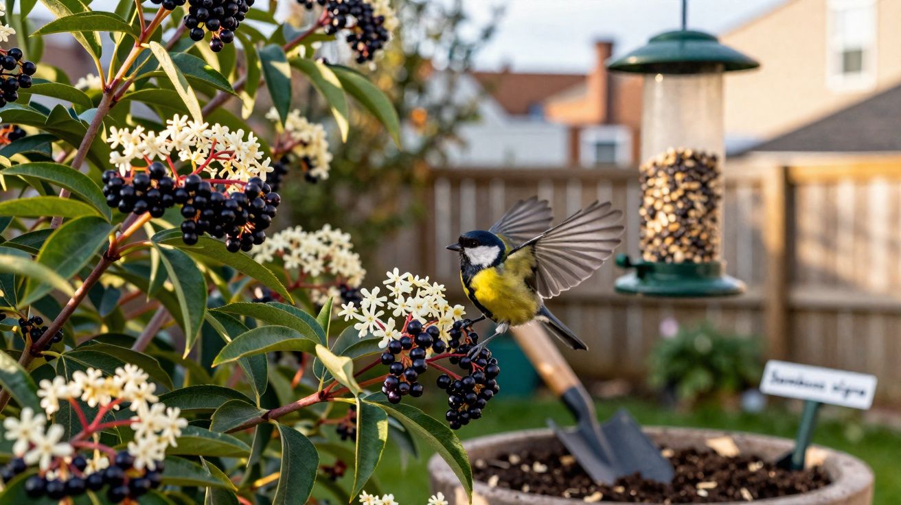 Pássaro com asas abertas pousando em arbusto com flores brancas e bagas pretas em jardim residencial.