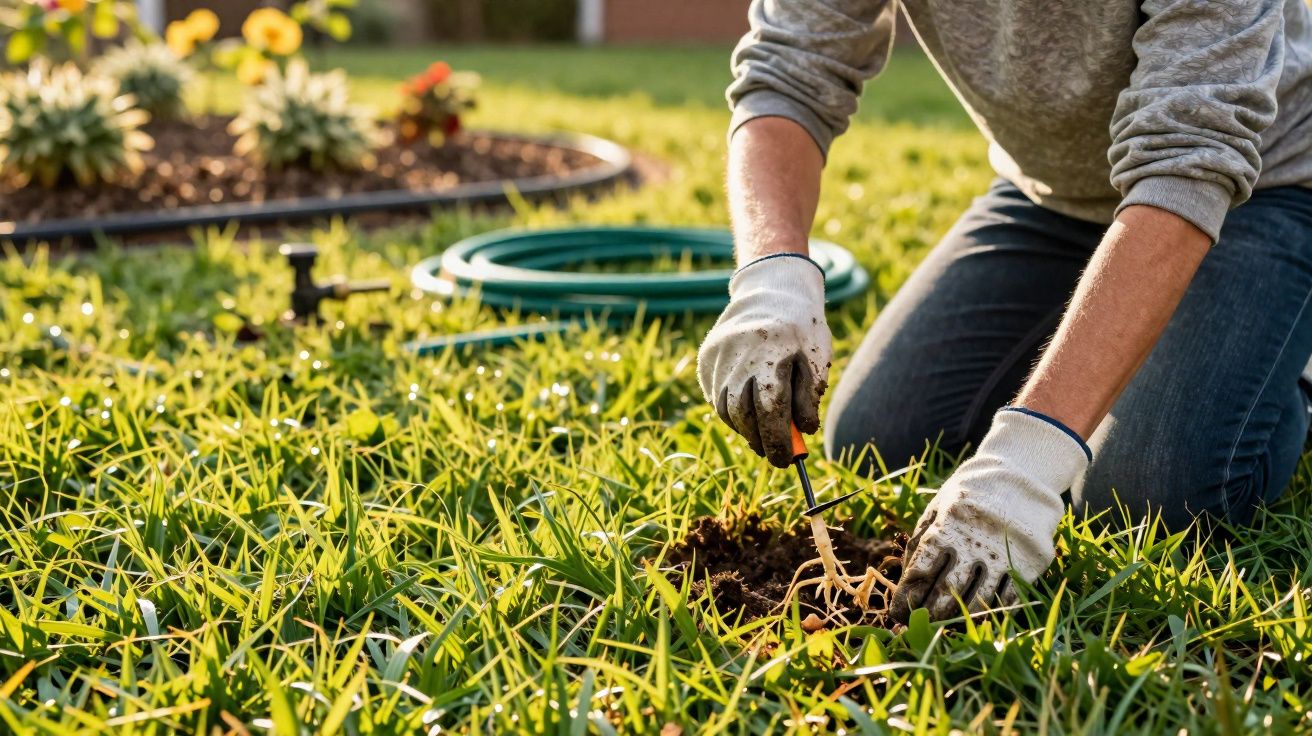 Pessoa com luvas plantando muda em jardim gramado durante o dia ensolarado.