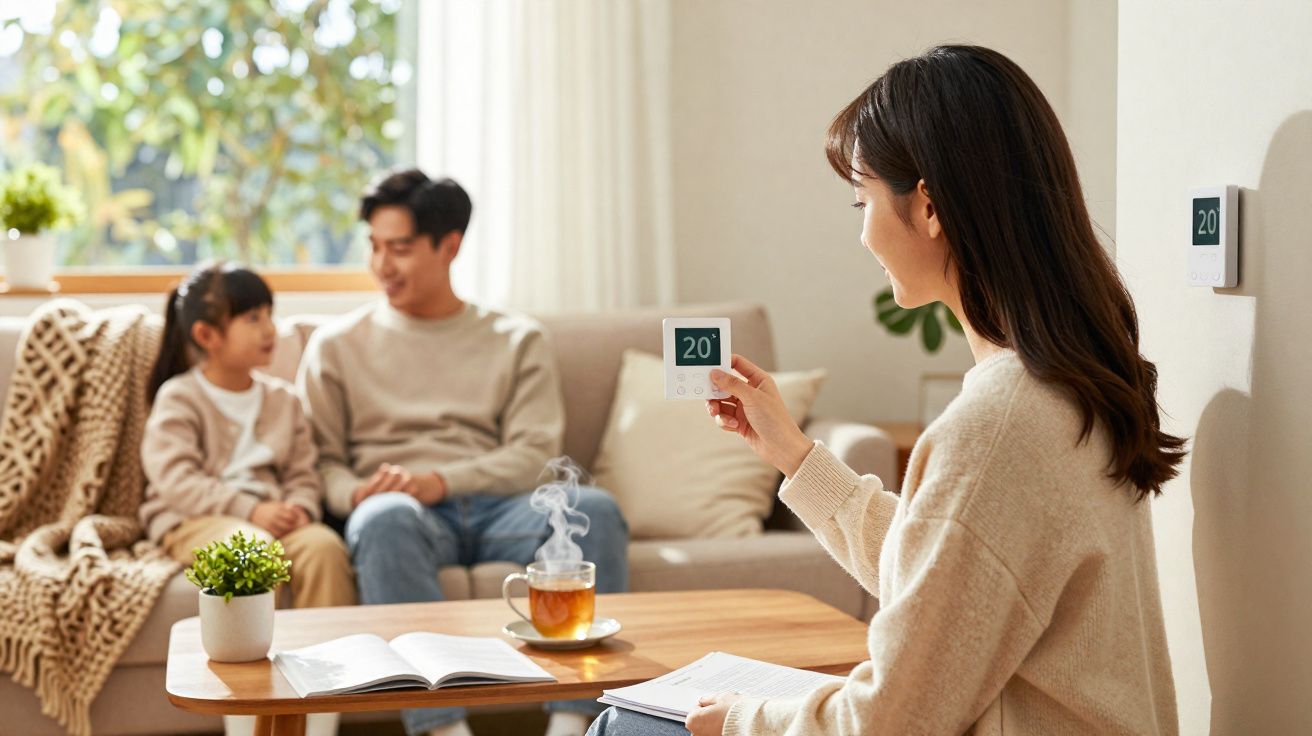 Mulher ajusta termostato enquanto homem e criança conversam no sofá de sala aconchegante.