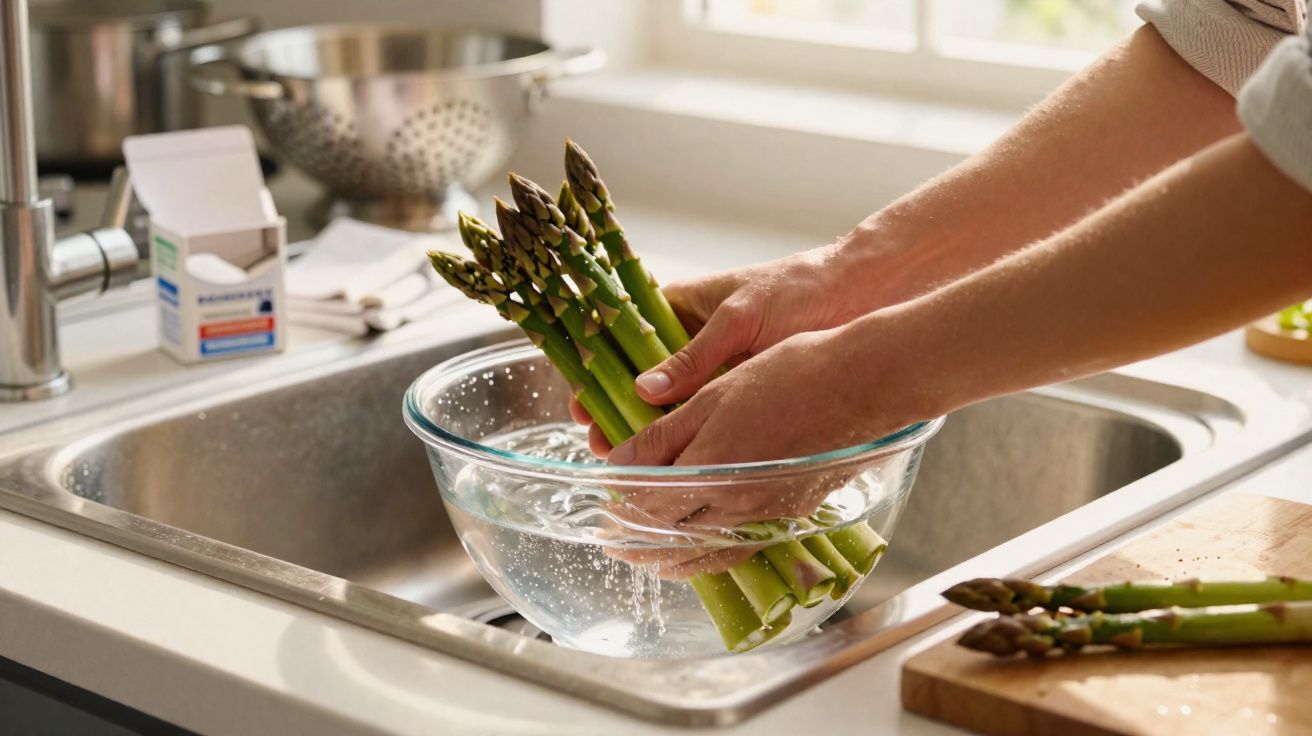 Mãos lavando aspargos em uma tigela de vidro com água na pia da cozinha.