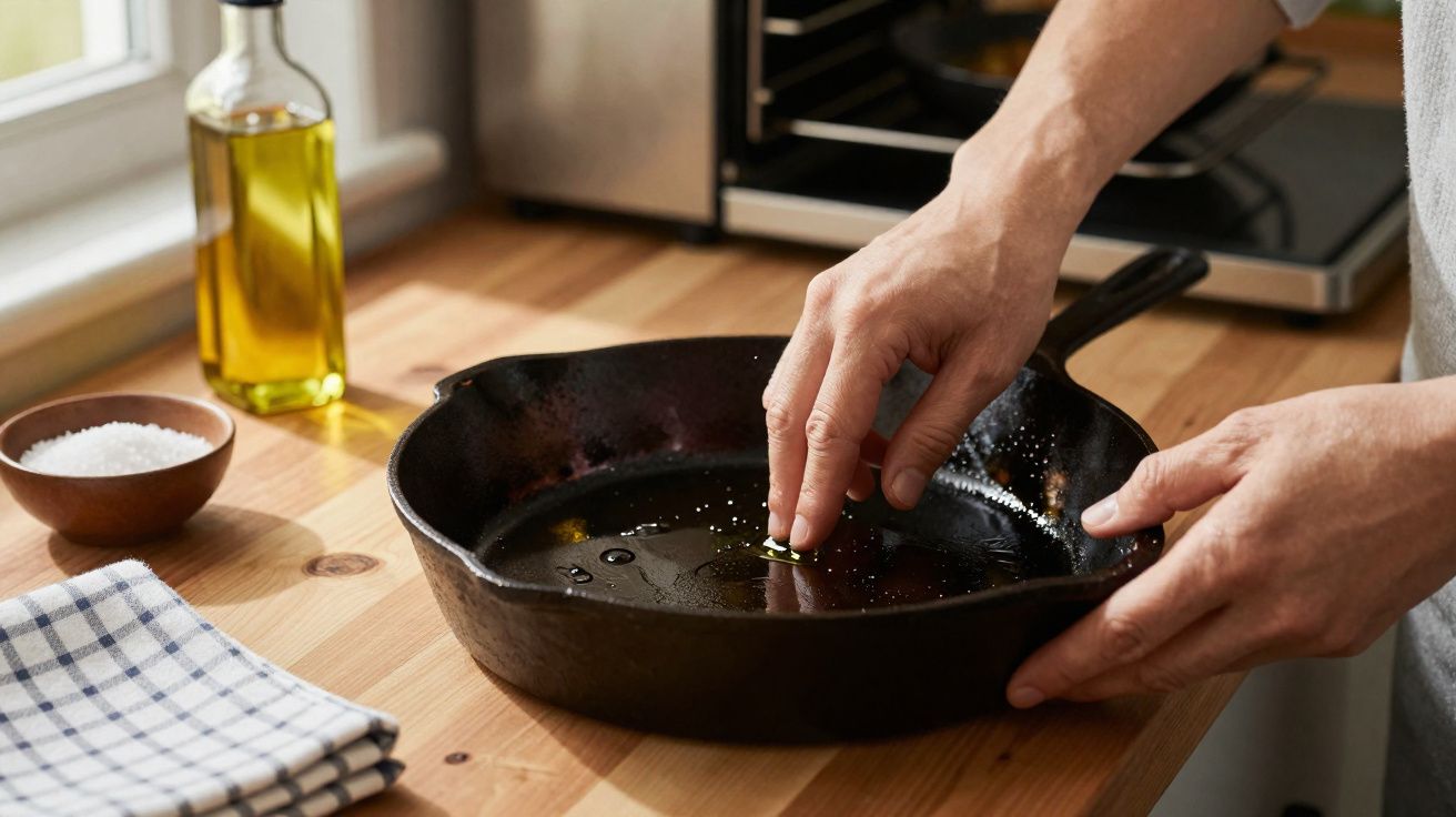 Mãos untando frigideira de ferro com óleo em cozinha com azeite, sal e pano à vista.
