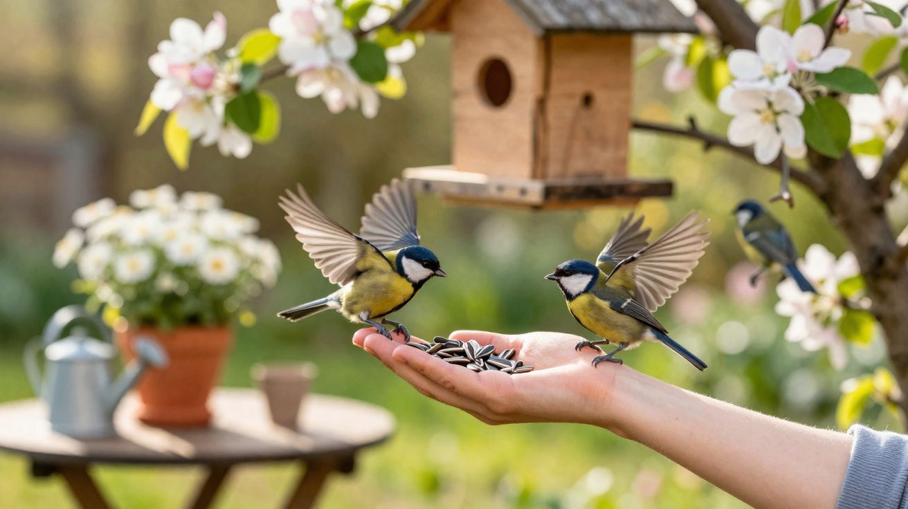 Mão humana oferecendo sementes para dois pássaros coloridos com flores e casa de passarinho ao fundo.