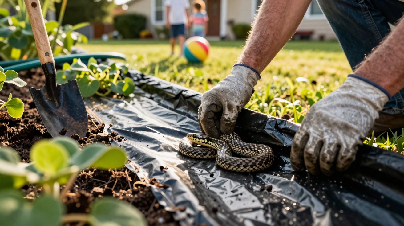 Pessoa com luvas removendo cobra da área de jardim com pá e plantas ao redor, em dia ensolarado.