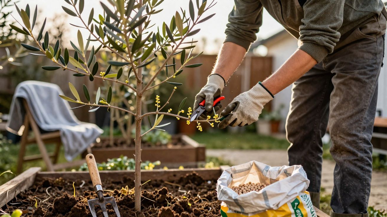 Pessoa podando galho de árvore jovem em jardim com ferramentas de jardinagem ao redor.