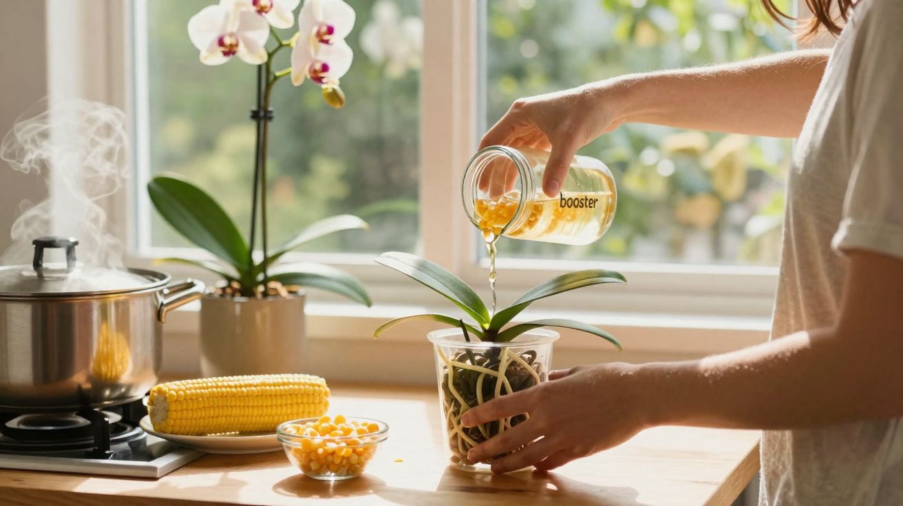 Pessoa regando uma orquídea em vaso transparente em cozinha com milho e panela ao fundo.
