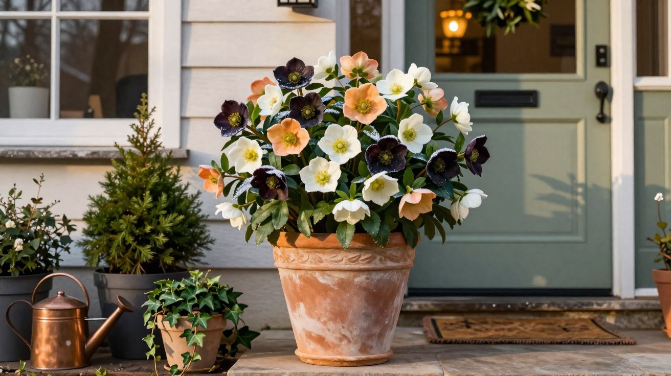 Vaso de barro com flores brancas, pretas e salmão na entrada de uma casa com porta verde.