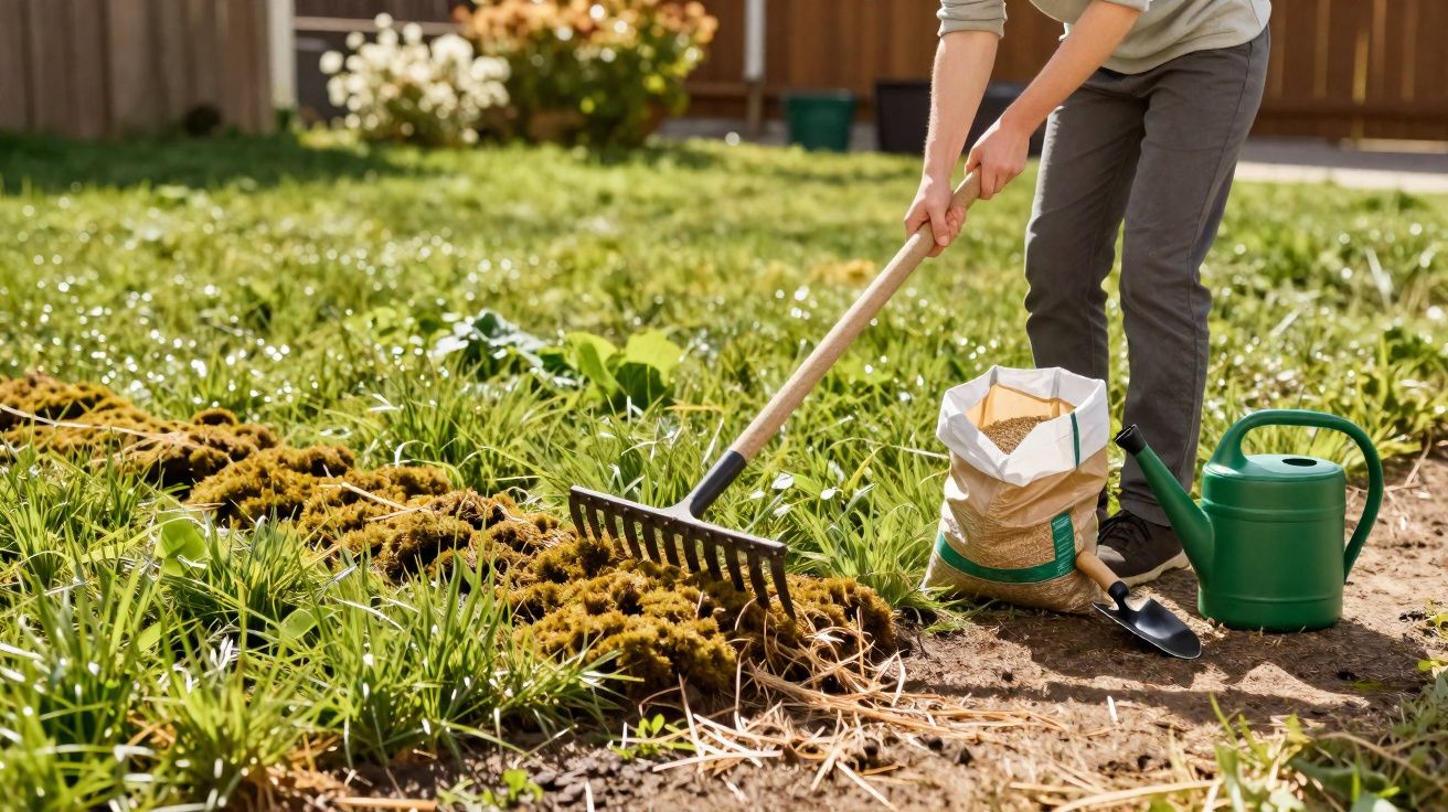Pessoa usando rastelo para cuidar de jardim com regador, pá e saco de adubo ao lado.