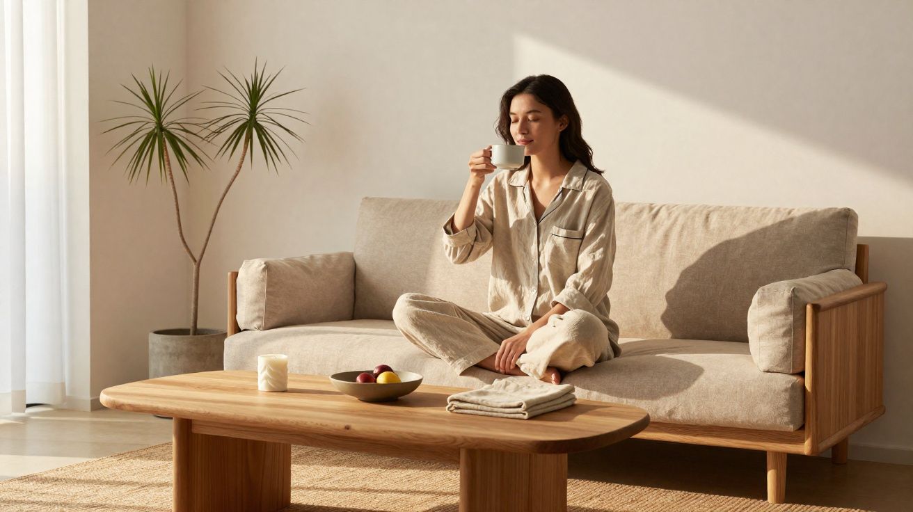 Mulher de pijama sentada de pernas cruzadas no sofá tomando café em sala iluminada e decorada.