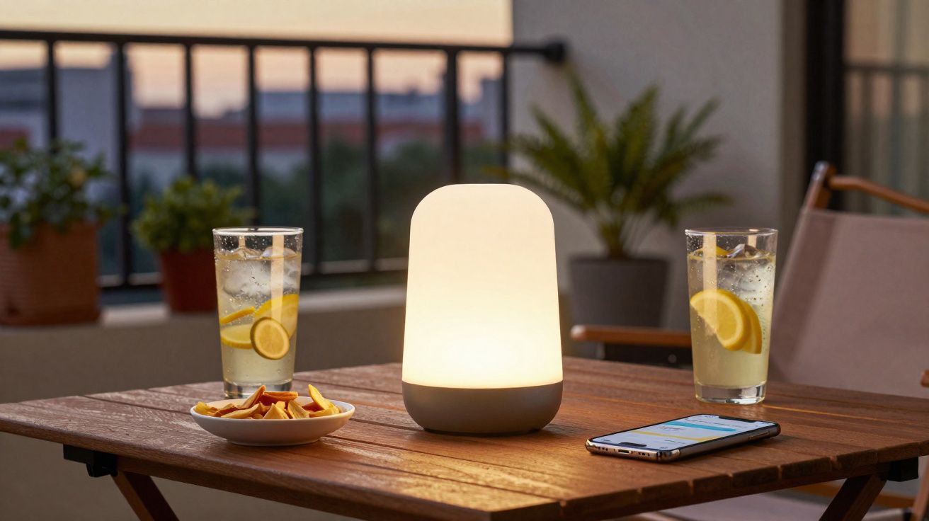 Mesa de madeira com luminária acesa, dois copos com bebida e limão, petiscos e celular ao entardecer.