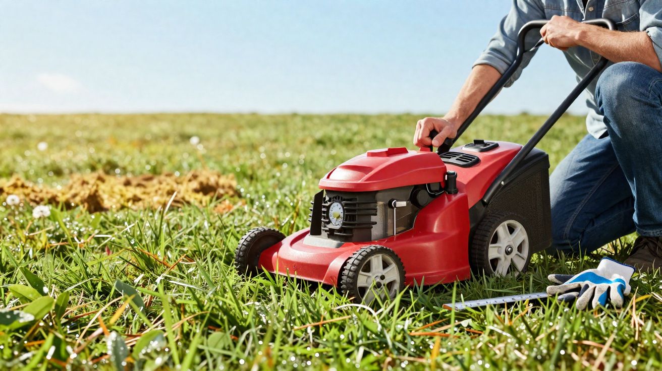 Pessoa ajustando cortador de grama vermelho em gramado verde sob céu azul claro.