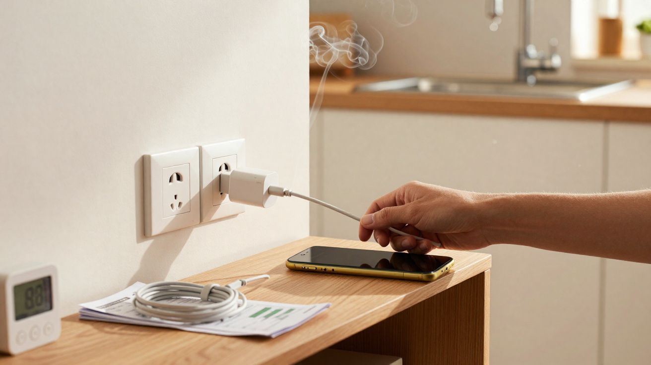 Mão conectando carregador em tomada com cabo próximo a celular em superfície de madeira.