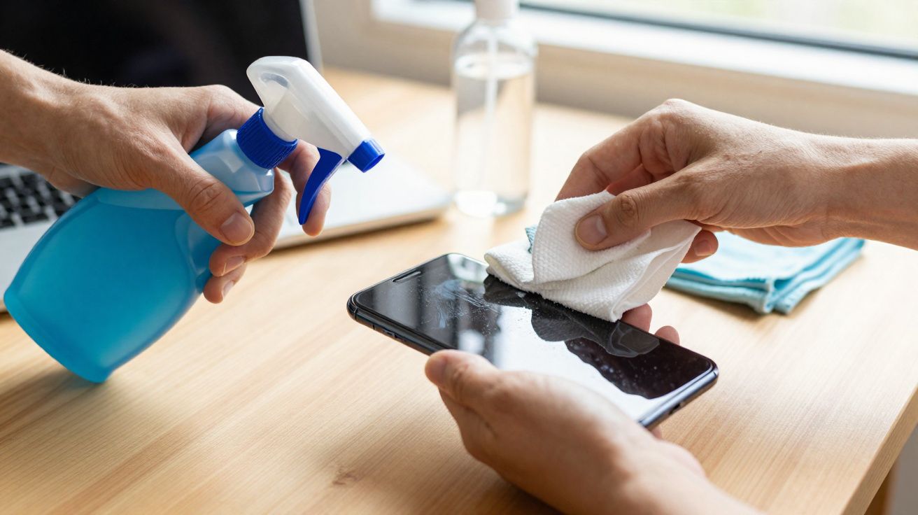 Mãos limpando a tela de um celular com spray e pano em uma mesa de madeira próxima a um laptop.