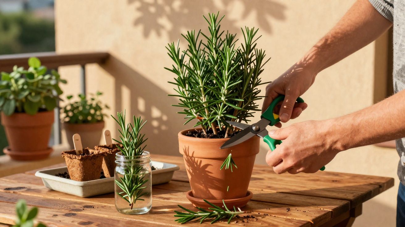 Pessoa cortando ramo de alecrim com tesoura, junto a vasos de plantas sobre mesa de madeira.