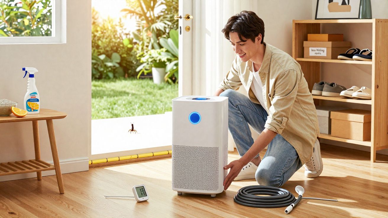 Homem ajusta um desumidificador em sala com sol entrando pela porta aberta e jardinagem ao fundo.