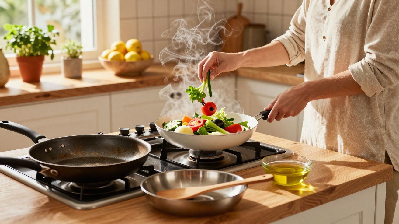 Pessoa cozinhando legumes frescos em frigideira no fogão de cozinha iluminada pela luz natural.