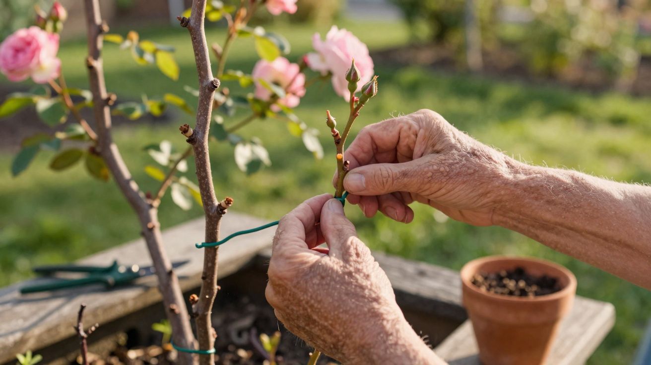 Mãos amarrando ramo de rosa recém-brotado em arbusto no jardim ensolarado.