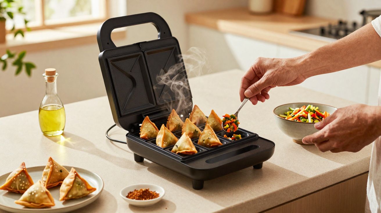 Pessoa recheando máquina elétrica de samosas douradas na bancada da cozinha clara.