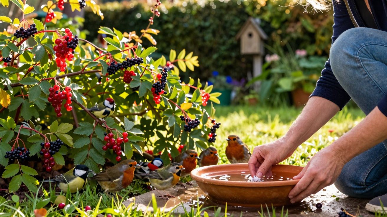 Pessoa alimenta pássaros coloridos próximos a arbusto com bagas vermelhas e pretas em jardim.