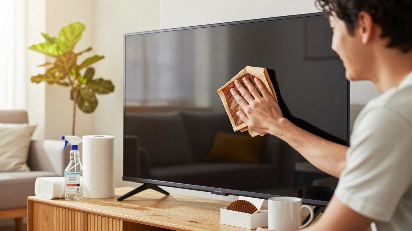 Pessoa limpando a tela de uma TV com pano de microfibra em sala de estar iluminada.