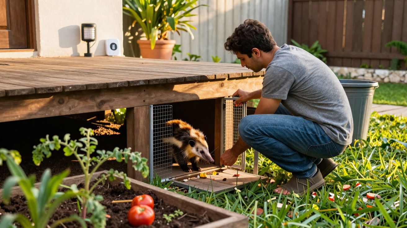 Homem alimentando tamanduá em abrigo de madeira no jardim de casa durante o dia.