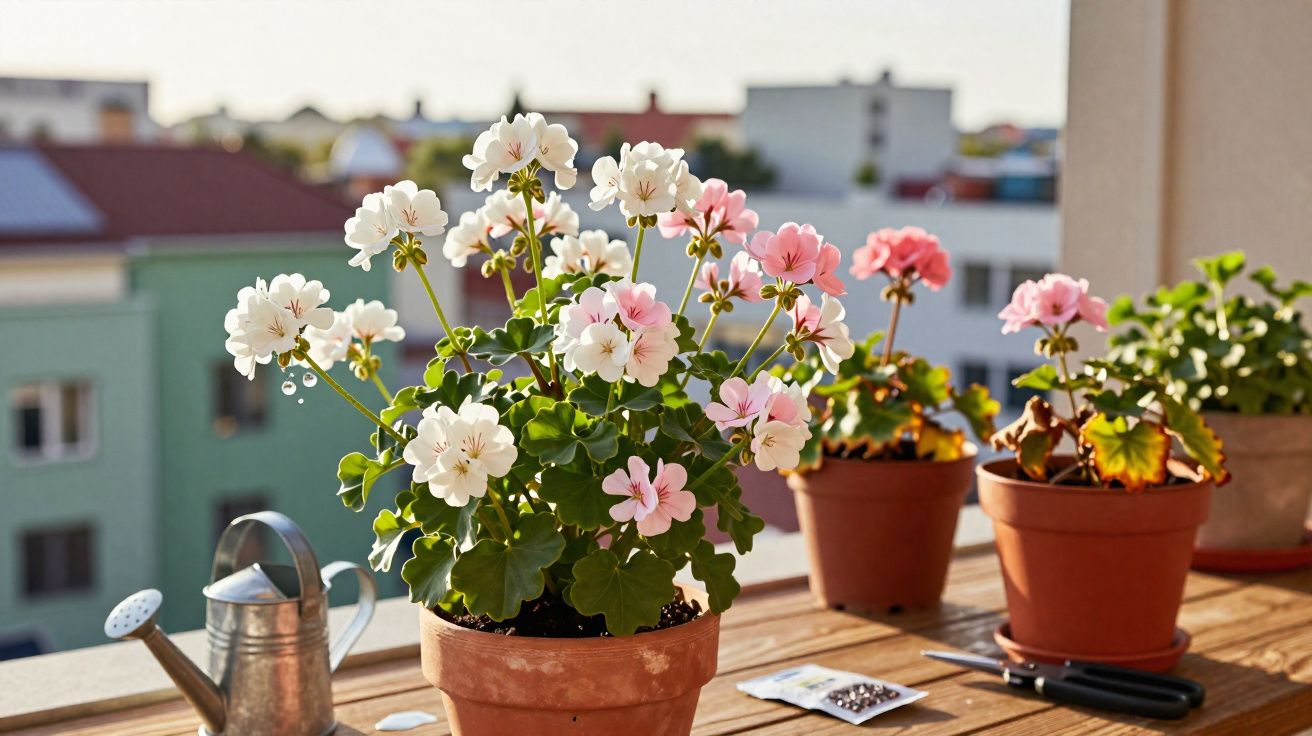 Flores brancas e rosas em vasos de barro em mesa de madeira com regador em varanda ao sol.