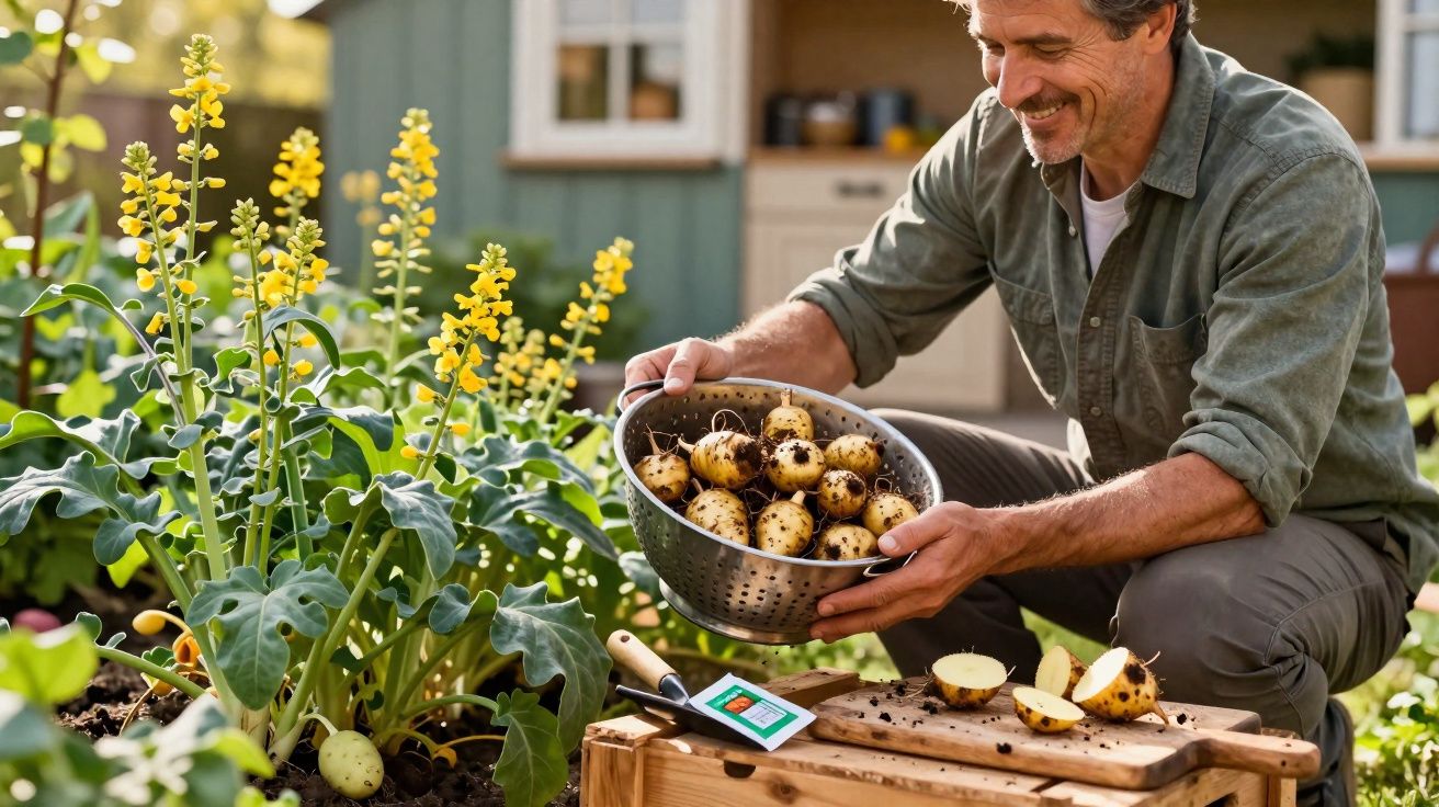Homem colhendo batatas pequenas frescas em jardim ao ar livre com plantações floridas amarelas.