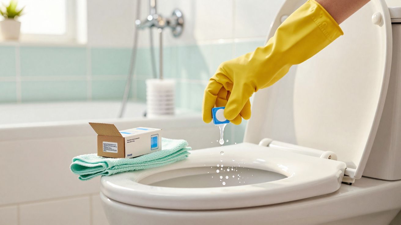 Pessoa com luva amarela aplicando produto de limpeza em pastilha dentro da privada do banheiro.