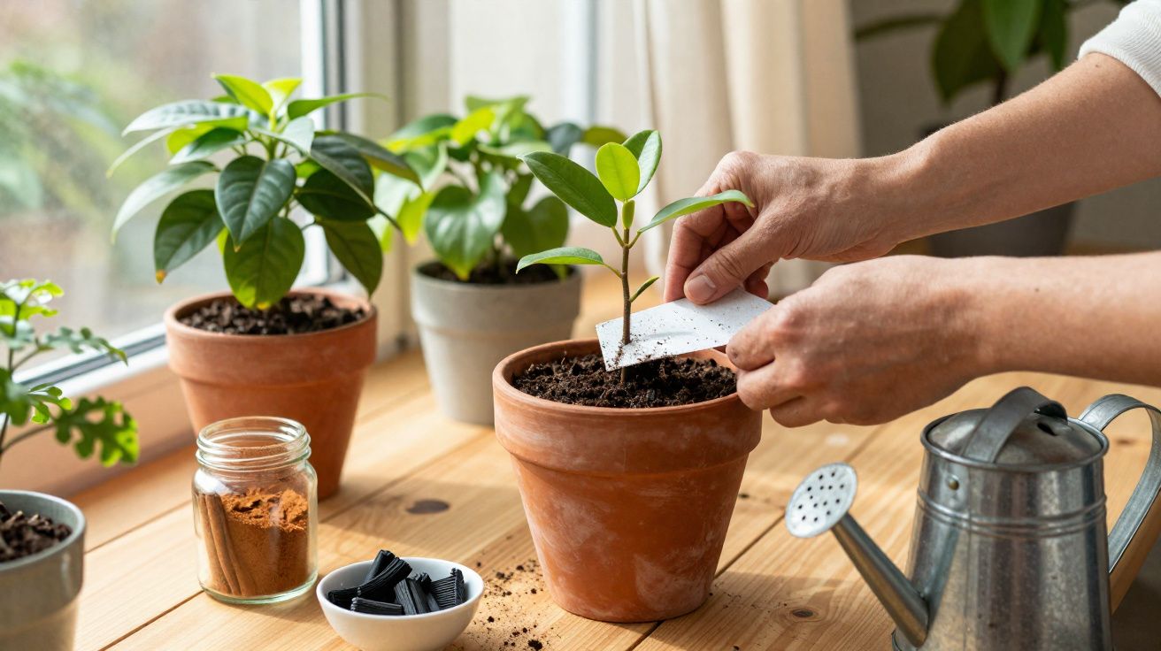 Mãos plantando sementeira em vaso de barro ao lado de regador, potes de terra e plantas na janela.