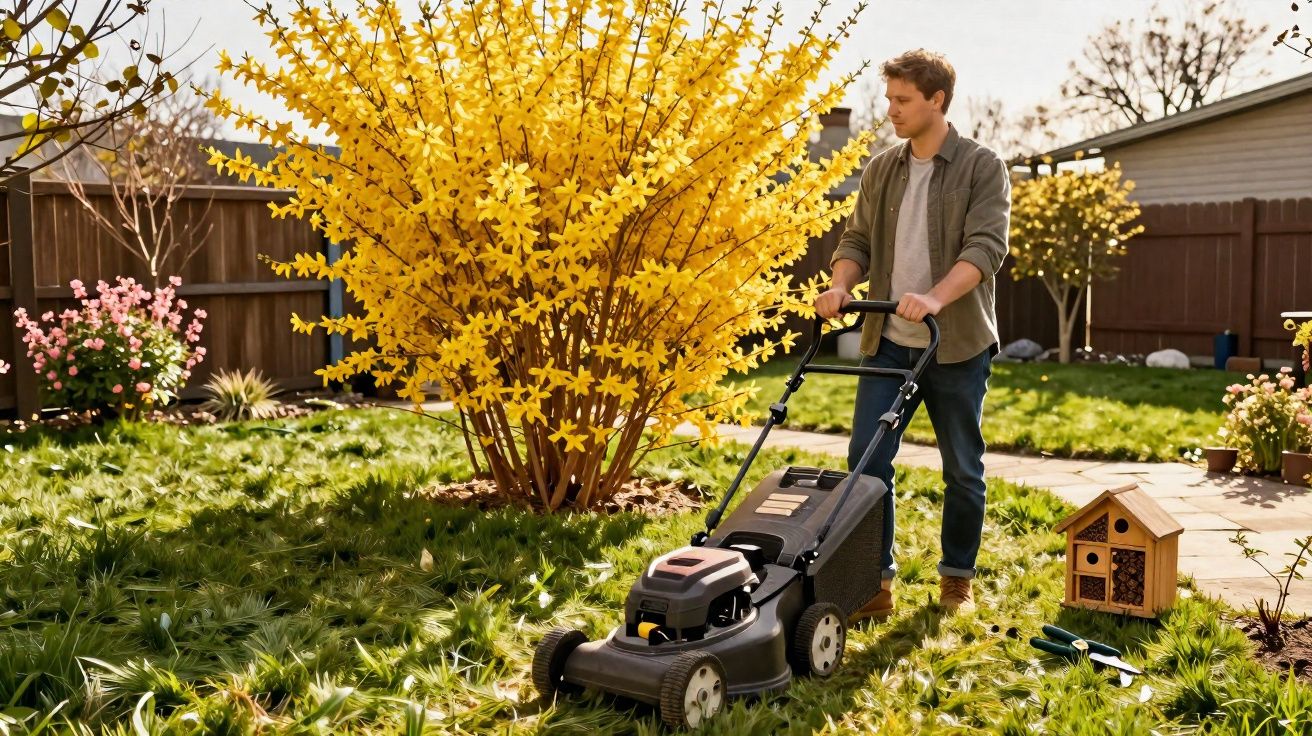 Homem cortando grama no jardim com cortador ao lado de arbusto florido amarelo e casa de insetos.