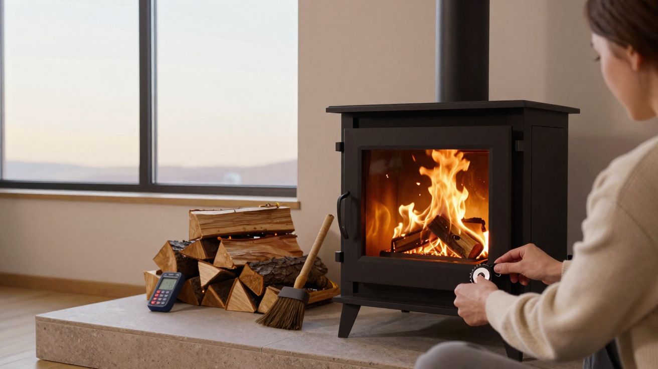 Pessoa ajustando o regulador de uma lareira a lenha com madeira empilhada ao lado em ambiente interno.