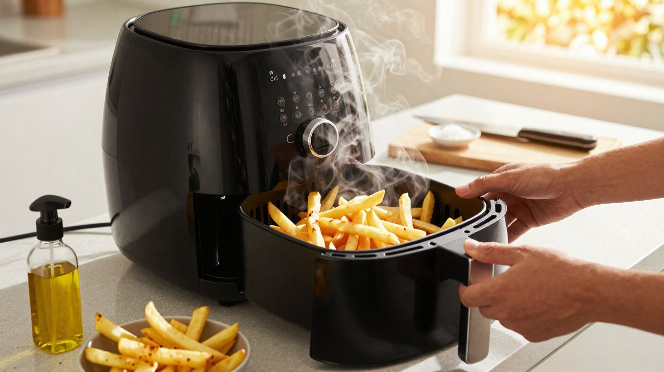 Mãos retirando batatas fritas quentes e fumegantes de uma fritadeira elétrica preta na cozinha.