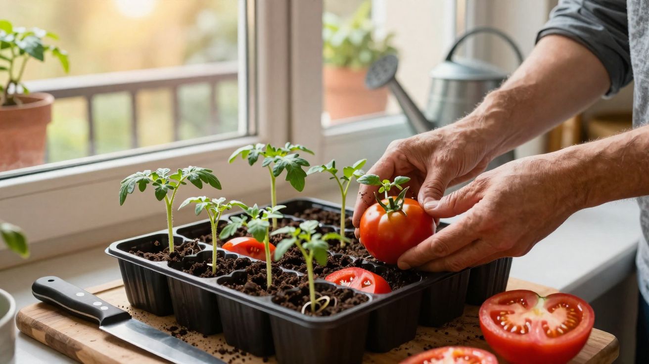 Mãos colhendo tomate de muda em recipiente com plantas jovens ao lado de faca na bancada da cozinha.