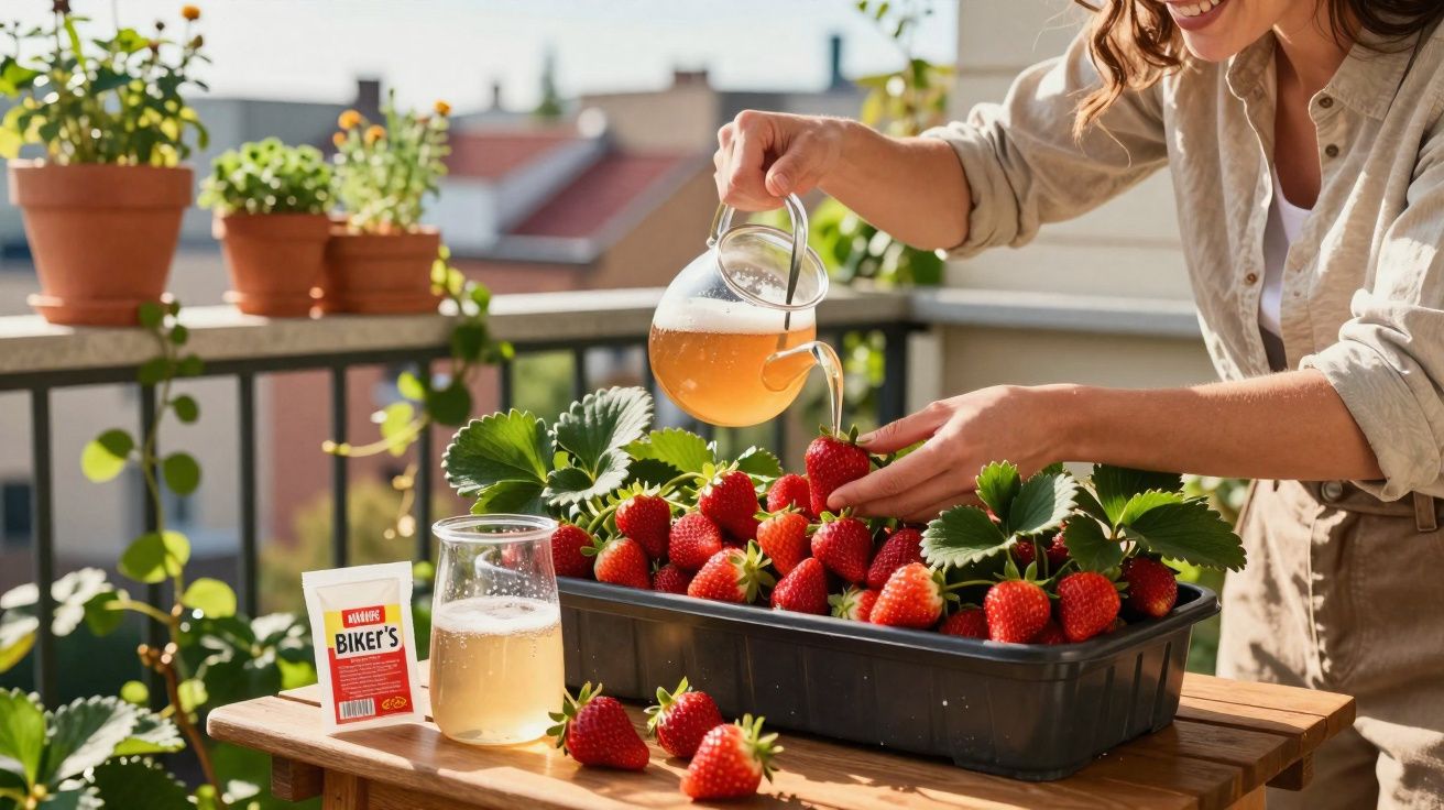 Pessoa regando morangos em vaso na varanda com plantas, sol e bebida em copo ao lado.