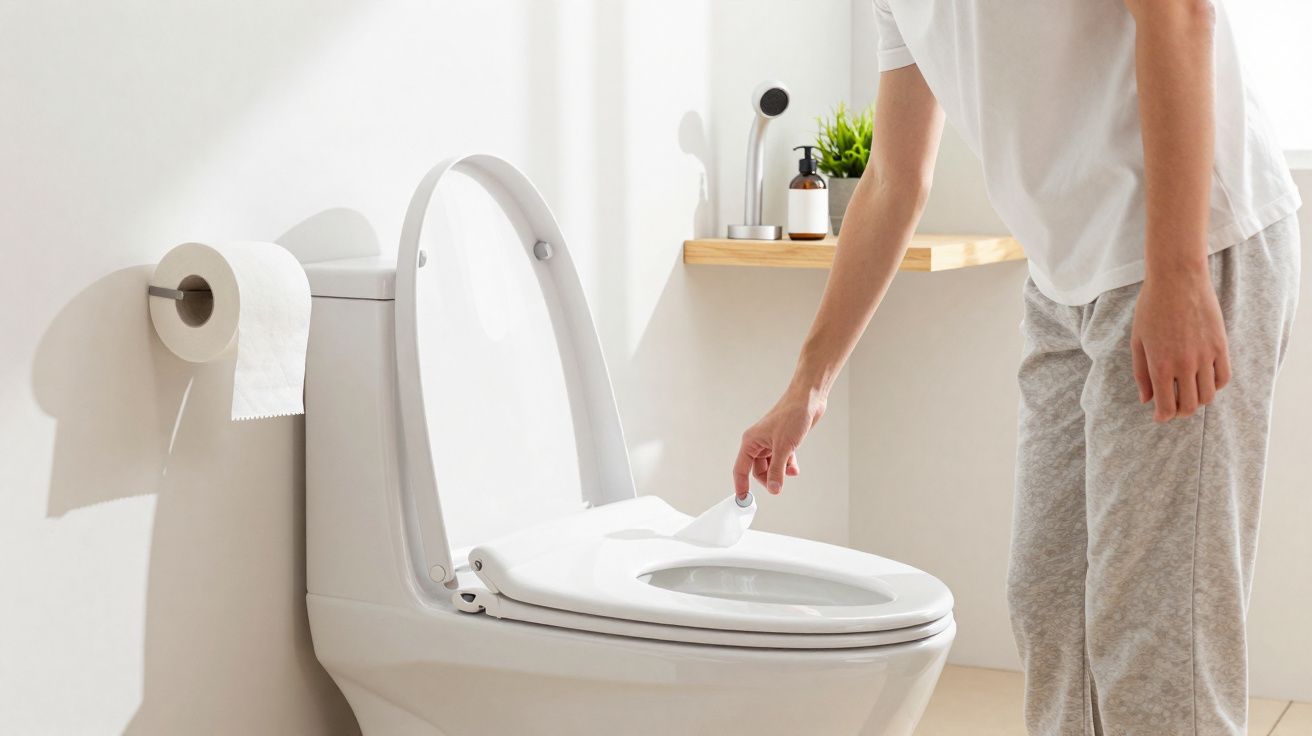 Pessoa usando papel higiênico para limpar tampa do vaso sanitário em banheiro iluminado e organizado.