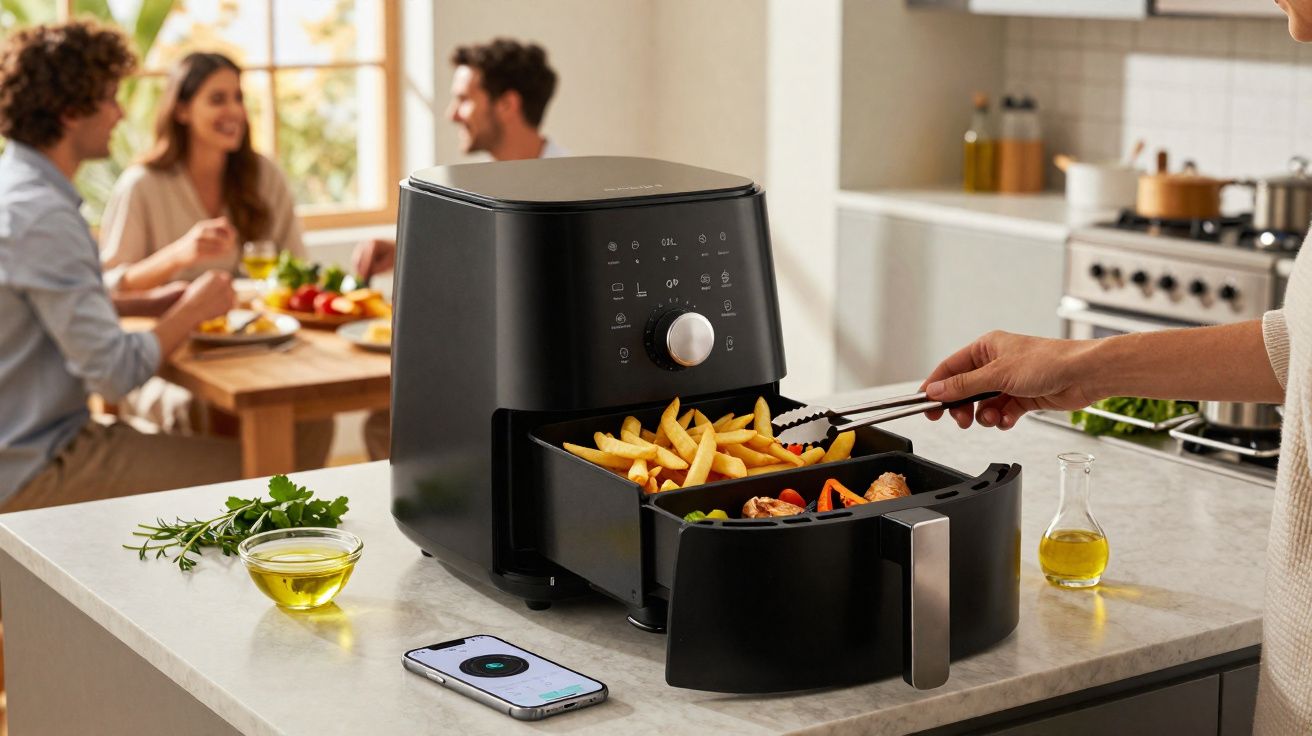 Air fryer preta na cozinha com batatas fritas e legumes, enquanto pessoas conversam ao fundo.