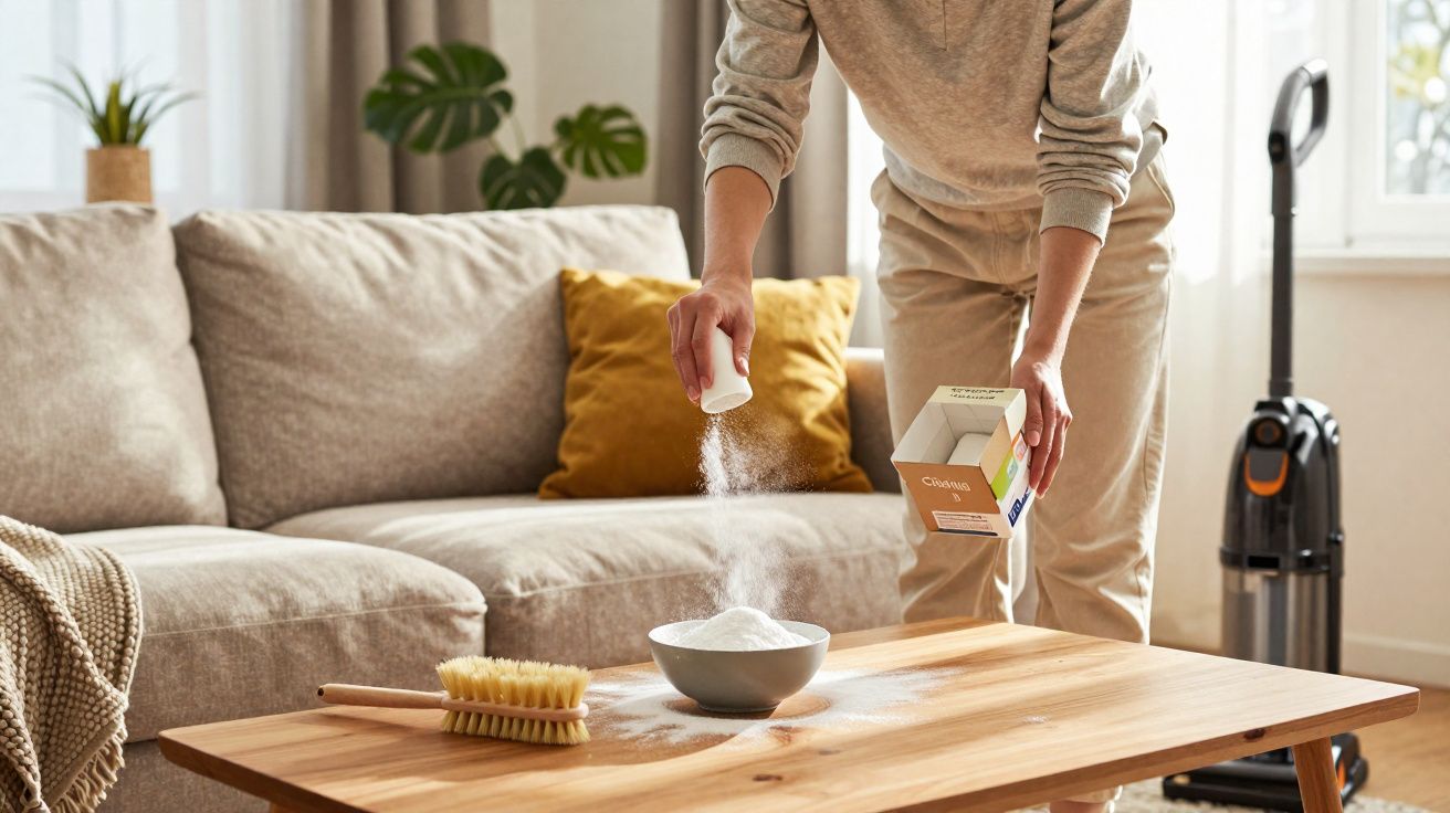 Pessoa polvilhando bicarbonato de sódio em tigela sobre mesa de madeira em sala com sofá e aspirador.