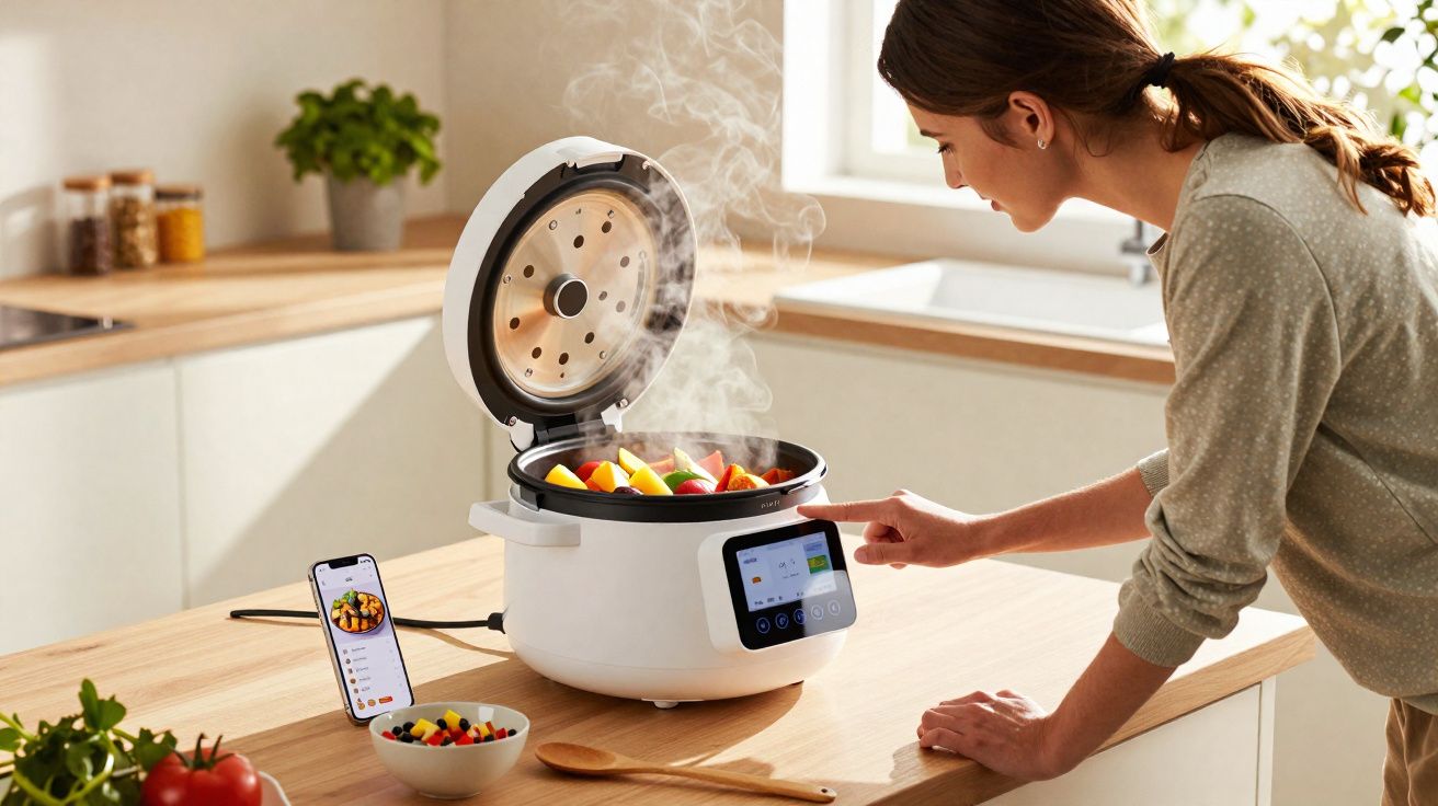 Mulher usando panela elétrica moderna com legumes cozinhando e smartphone ao lado na cozinha clara.