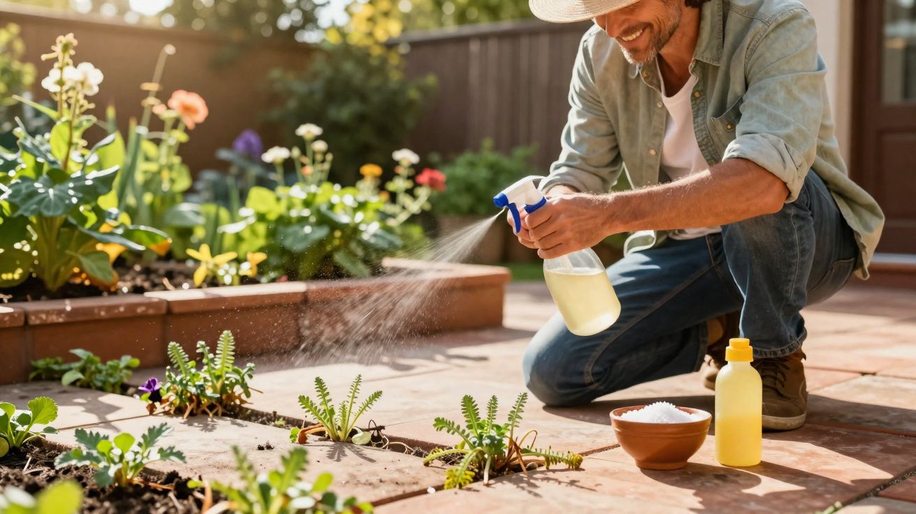 Homem sorridente regando plantas em jardim com borrifador, cercado por flores e frascos de solução.