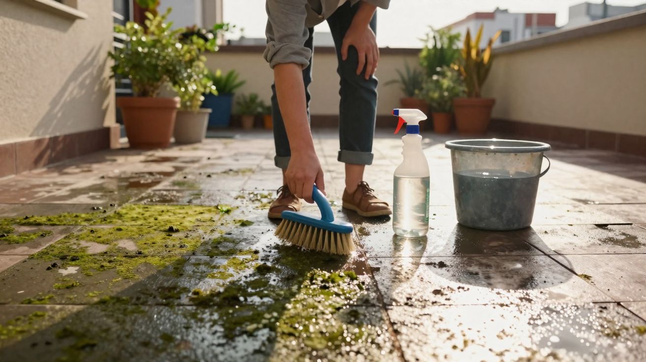 Pessoa limpando chão de azulejos com escova, balde de água e borrifador em área externa com plantas.