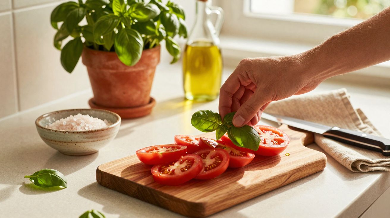 Pessoa colocando folhas de manjericão em fatias de tomate sobre tábua de madeira na cozinha.