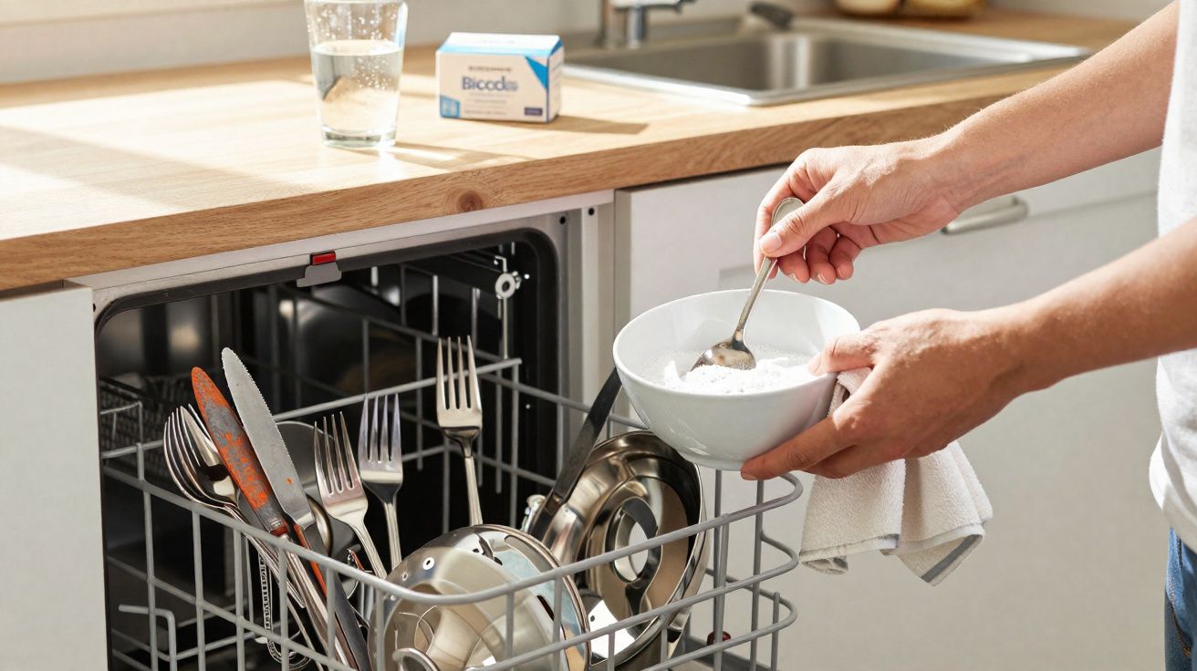 Pessoa misturando produto de limpeza em tigela próximo a lava-louças aberta com utensílios e panelas.