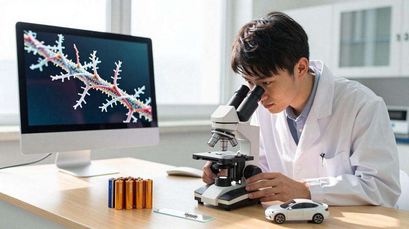 Cientista observa amostra no microscópio com modelo de bateria, carro e imagem molecular em computador.