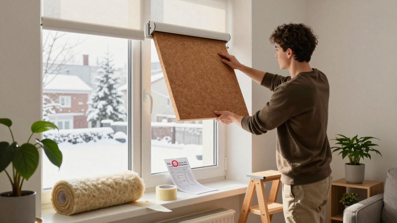 Homem coloca quadro de cortiça perto de janela com vista para neve e árvores cobertas de neve.