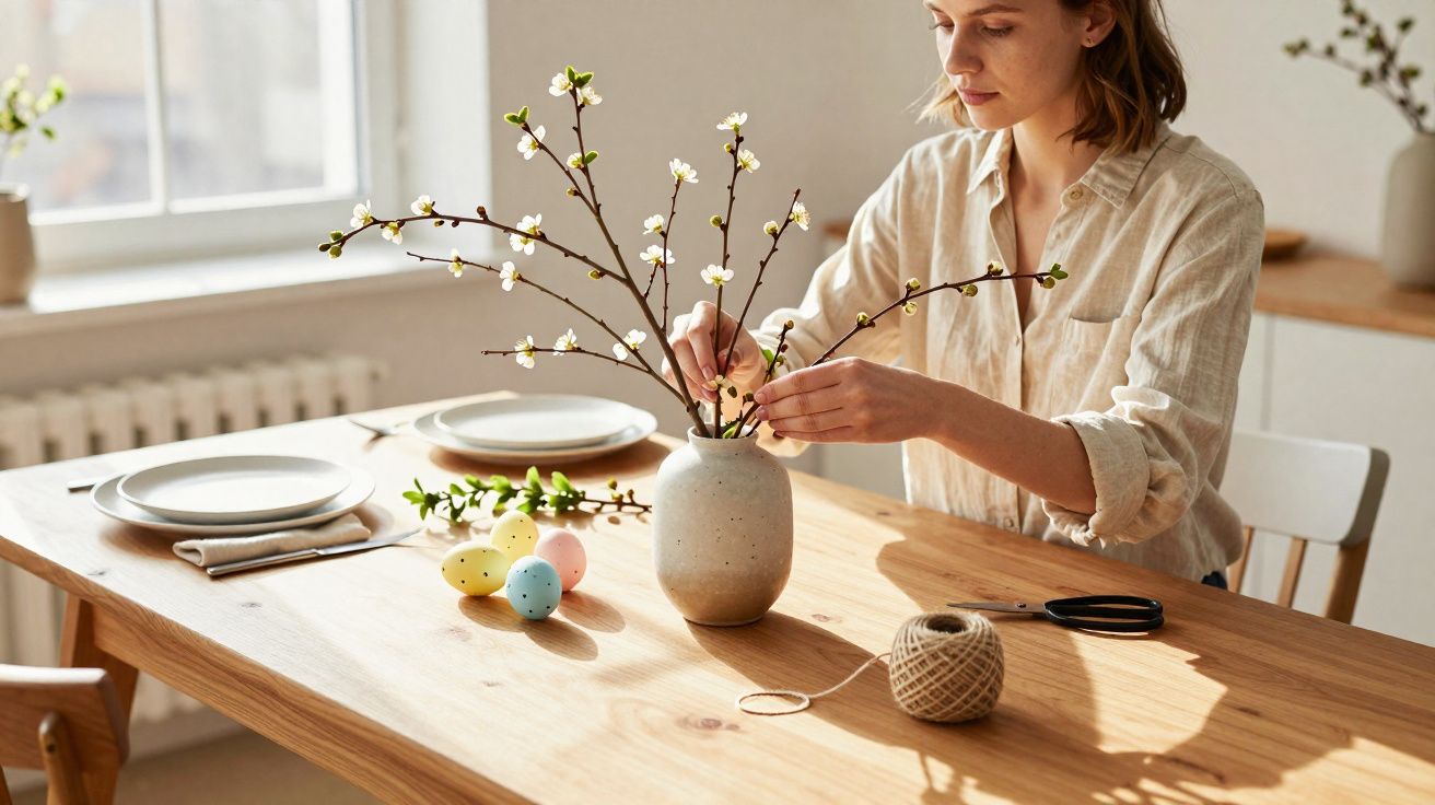 Mulher arrumando galhos floridos em vaso sobre mesa de madeira com enfeites de Páscoa.