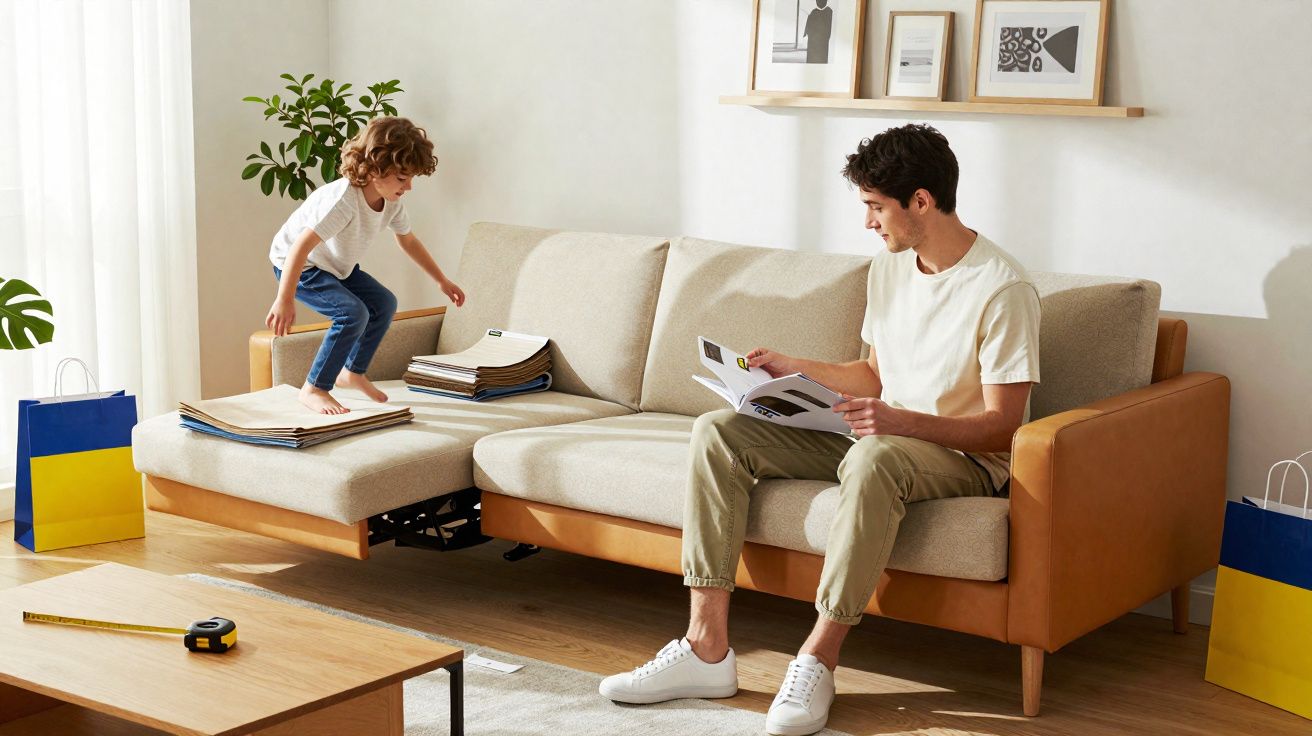 Criança pulando em sofá e homem lendo revista em sala de estar iluminada e decorada.