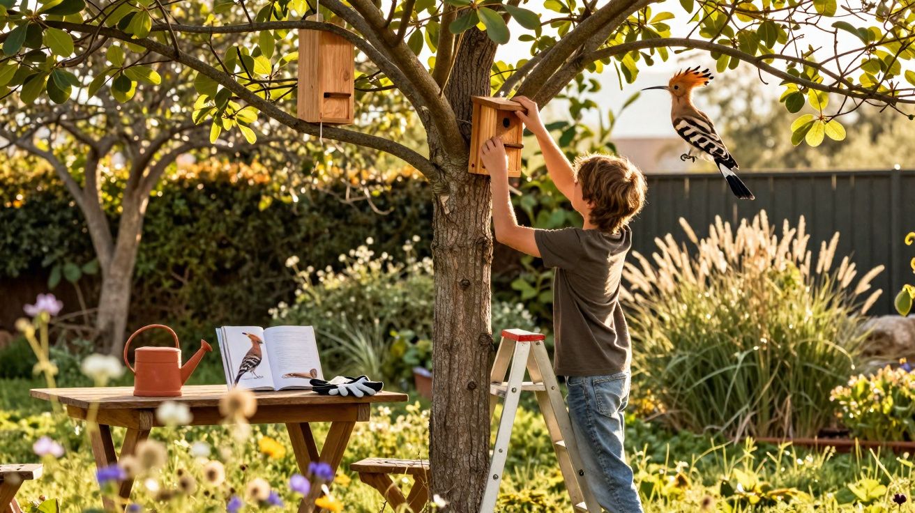 Menino sob árvore instalando casa de pássaros, com pássaro pousado e mesa com livro, regador e luvas no jardim.